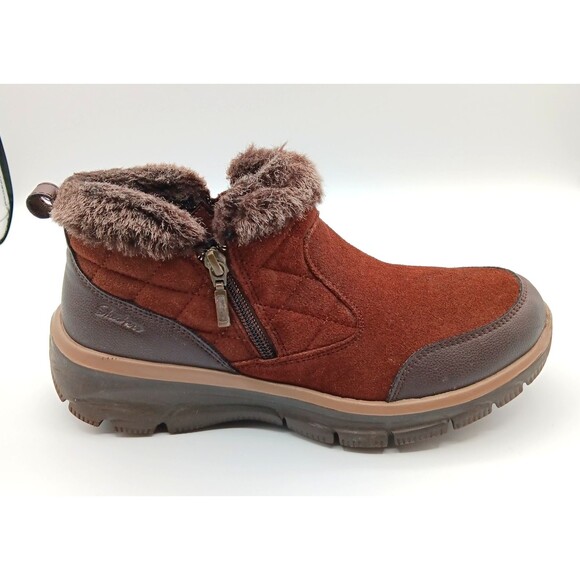 Skechers Boots Wn 9 Easy Going Girl Crush Brown Suede Ankle Faux Fur Bootie - Picture 5 of 12